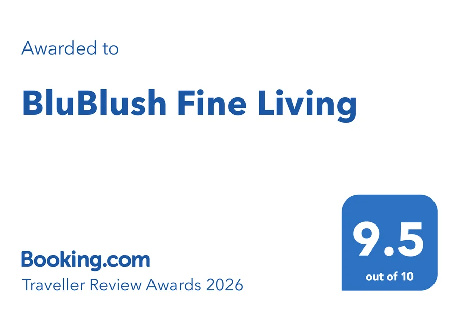 The Booking.com Traveller Review Awards 2026 certificate, awarded to BluBlush Fine Living, 9.5 out of 10